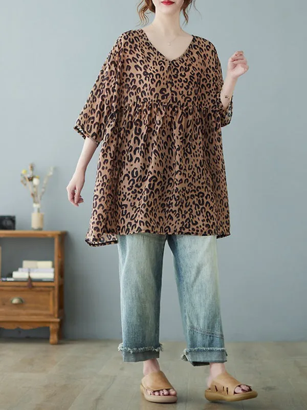 Leopard Half Sleeves Loose V-neck T-Shirts Tops Blouses&shirts Tops