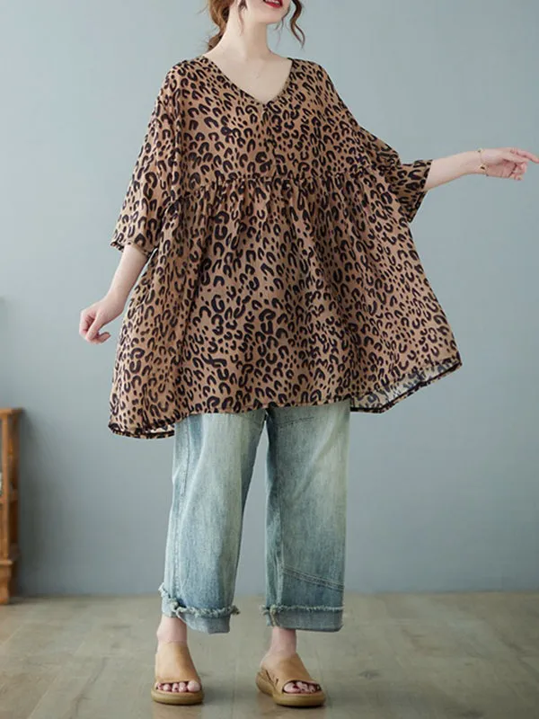 Leopard Half Sleeves Loose V-neck T-Shirts Tops Blouses&shirts Tops