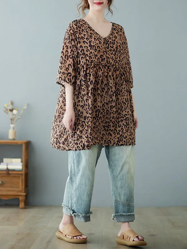 Leopard Half Sleeves Loose V-neck T-Shirts Tops Blouses&shirts Tops