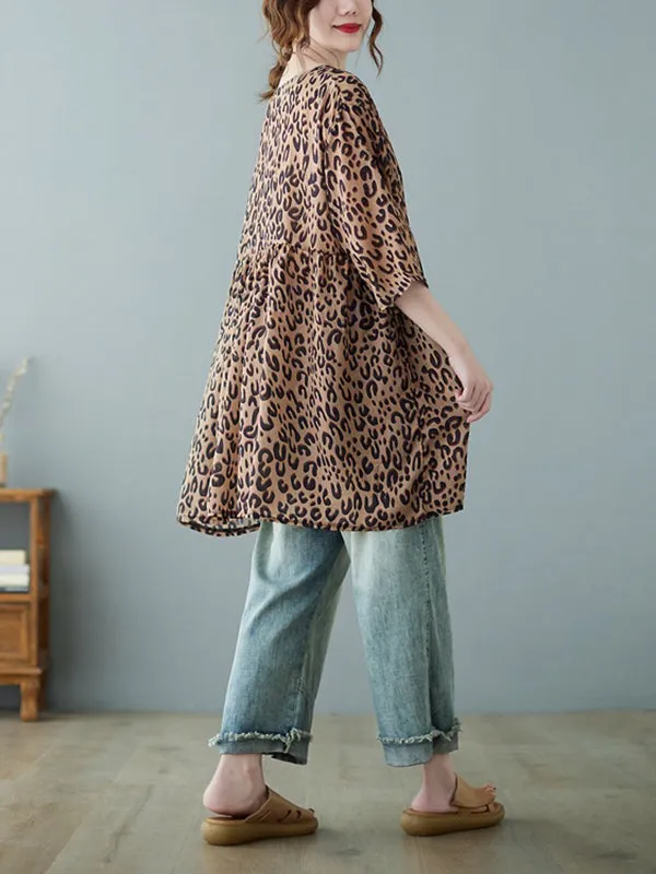 Leopard Half Sleeves Loose V-neck T-Shirts Tops Blouses&shirts Tops