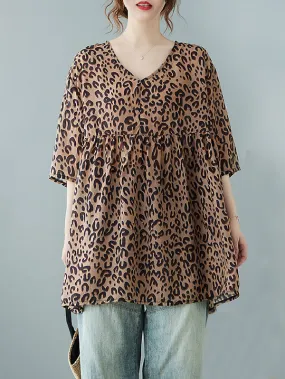 Leopard Half Sleeves Loose V-neck T-Shirts Tops Blouses&shirts Tops