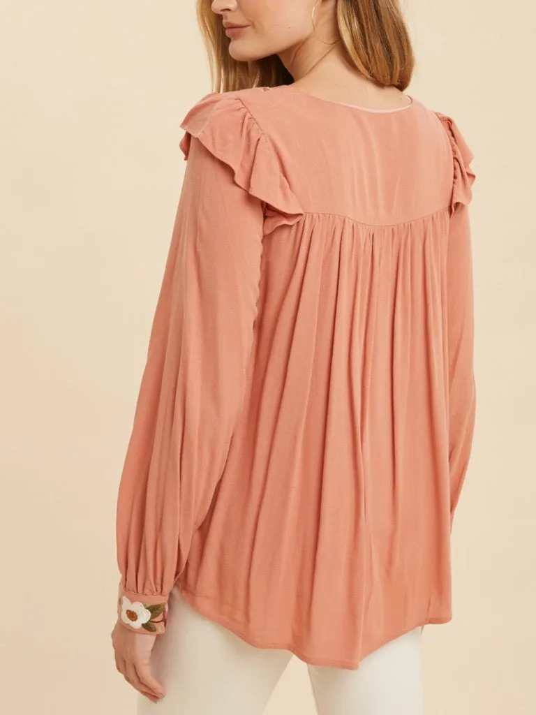 Liliana Embroidered Smock Top - Terracotta