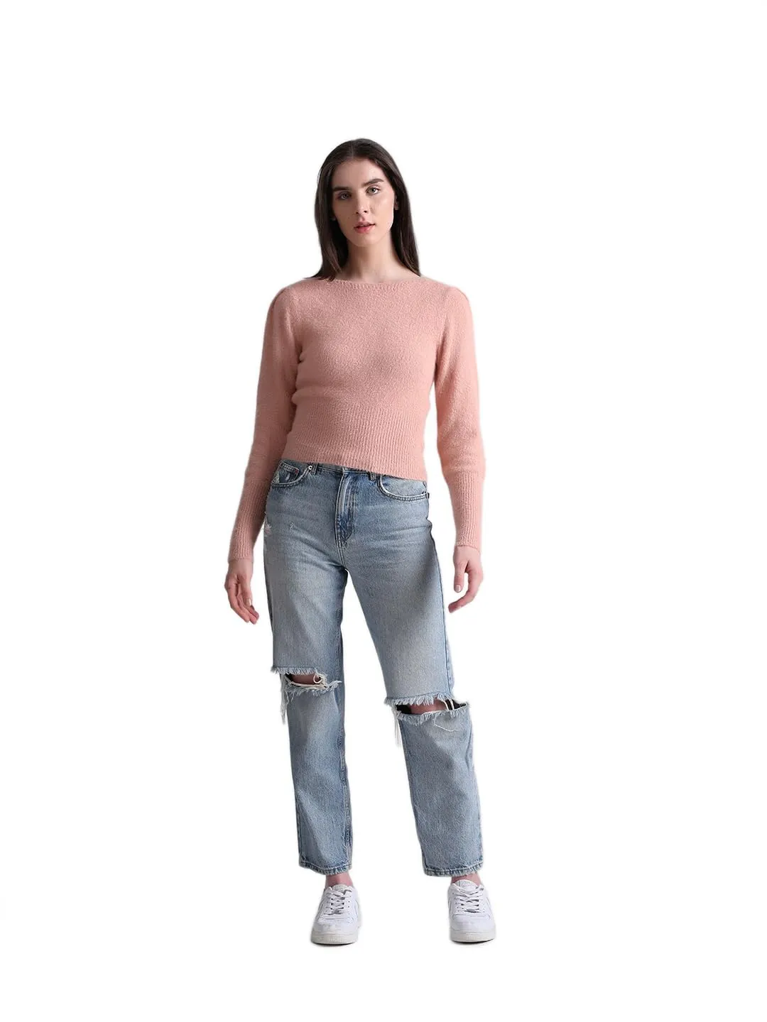 ONLY Women's Nylon Blend Round Neck Pullover Sweater (Misty Rose)