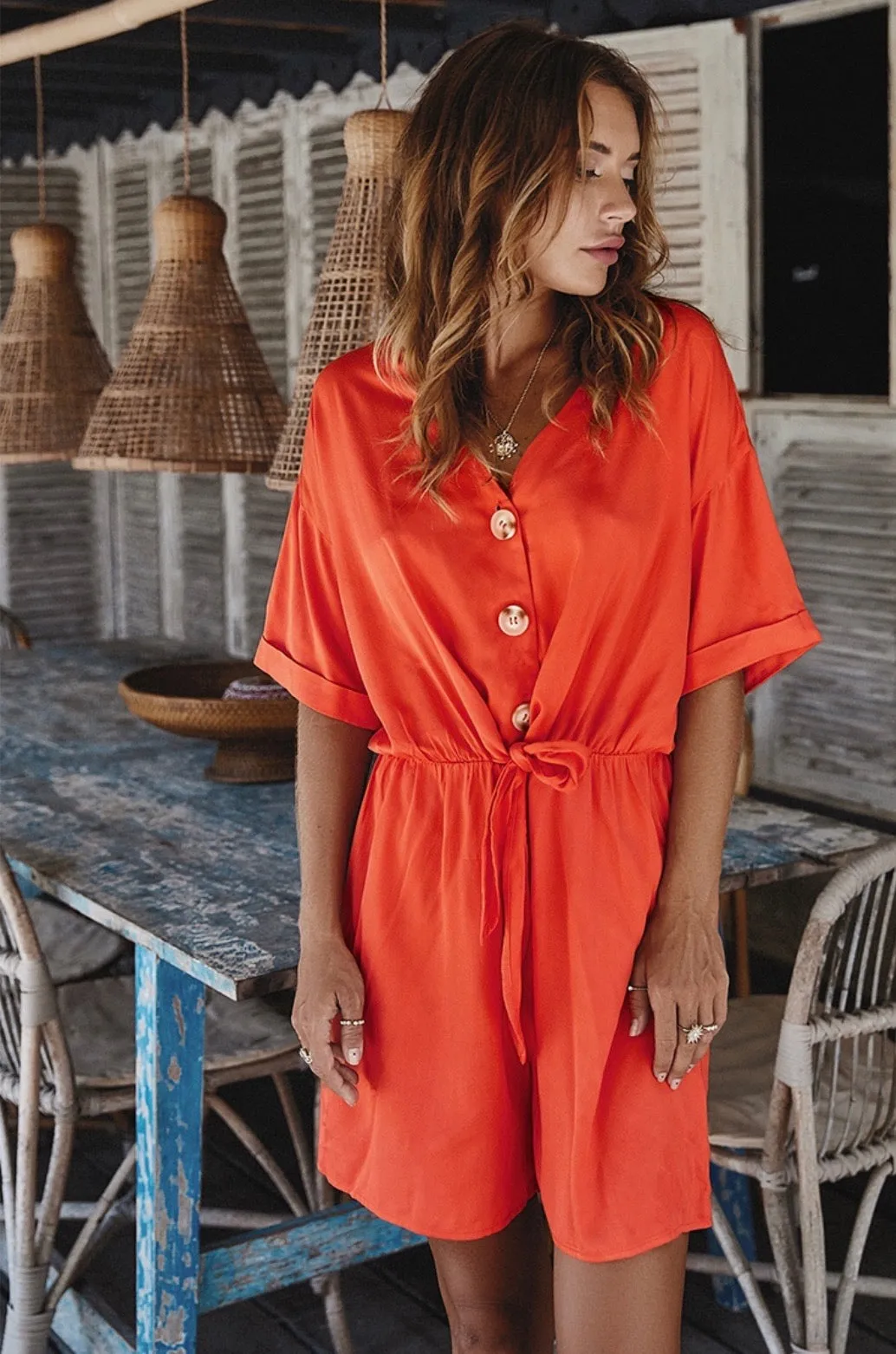 Orange-Red Button Romper