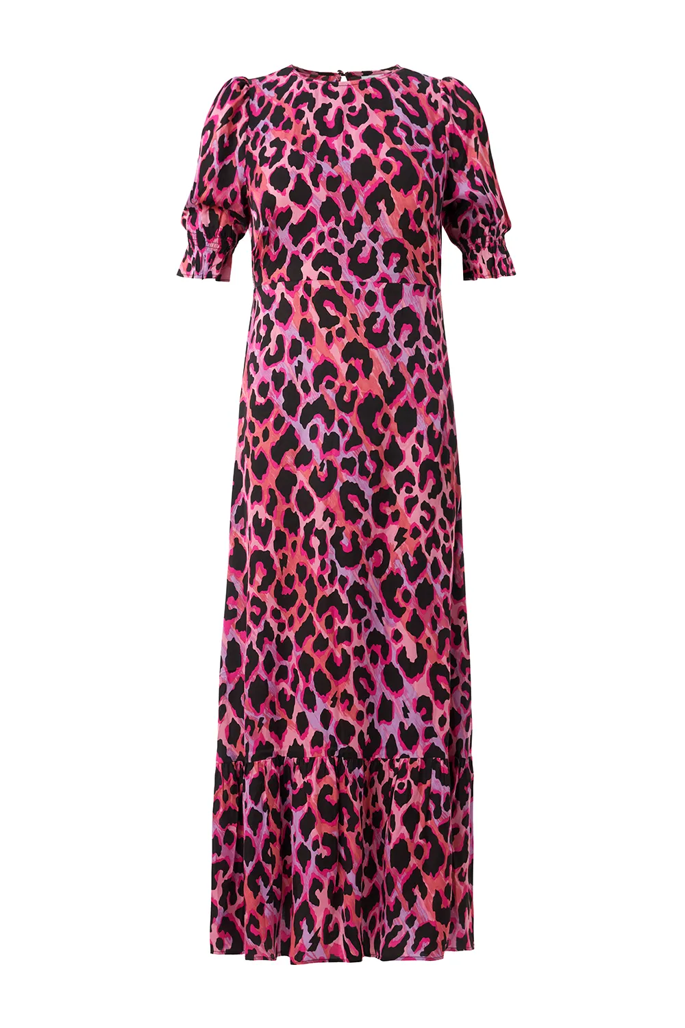 Pink and Lilac with Black Shadow Leopard Flute Sleeve Midi Dress