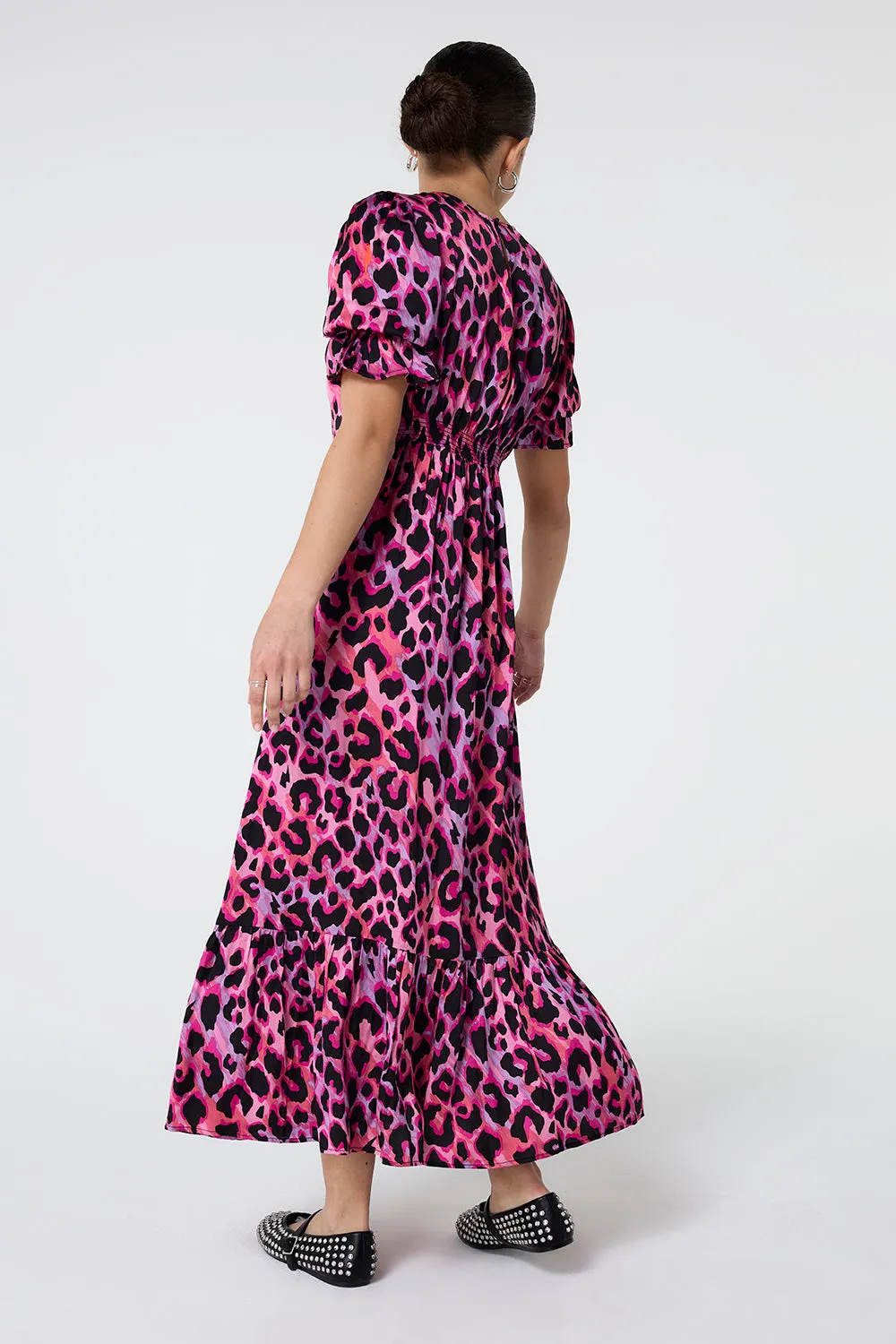 Pink and Lilac with Black Shadow Leopard Flute Sleeve Midi Dress