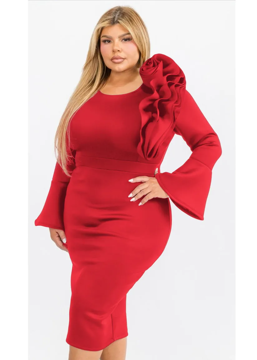 Plus Size Bell Sleeves Elegance Flower Shoulder Detail Midi Dresses