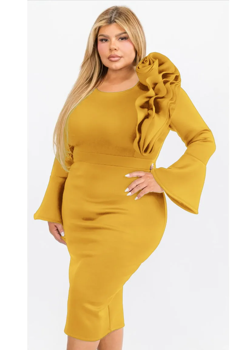 Plus Size Bell Sleeves Elegance Flower Shoulder Detail Midi Dresses