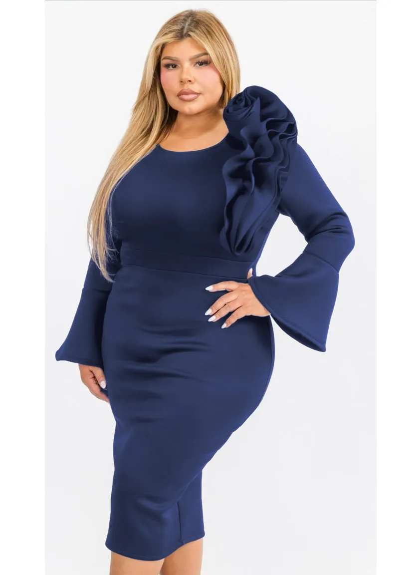 Plus Size Bell Sleeves Elegance Flower Shoulder Detail Midi Dresses