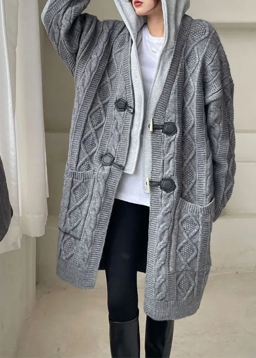 Plus Size Grey Hooded Patchwork Knit Sweaters Winter Coat