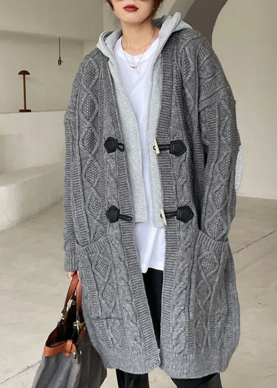 Plus Size Grey Hooded Patchwork Knit Sweaters Winter Coat