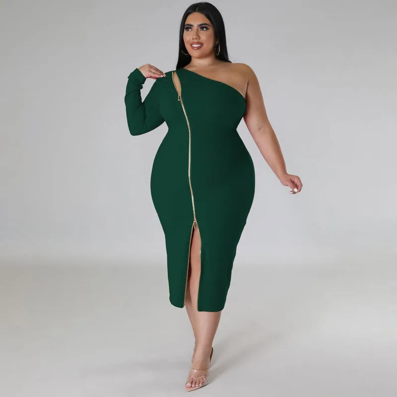 Plus Size One Shoulder Front Slit Zipper Dress