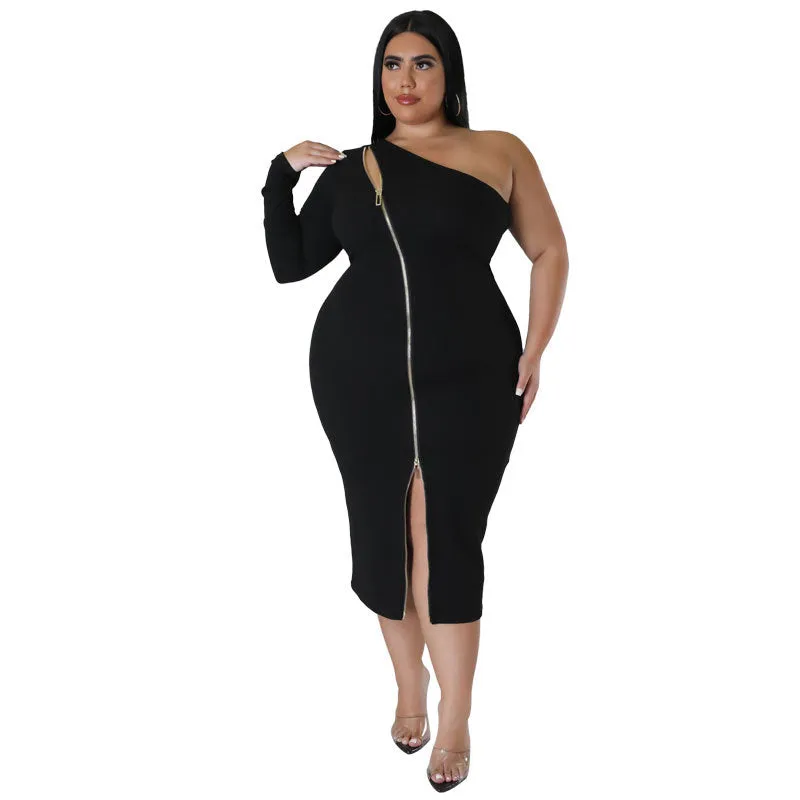 Plus Size One Shoulder Front Slit Zipper Dress