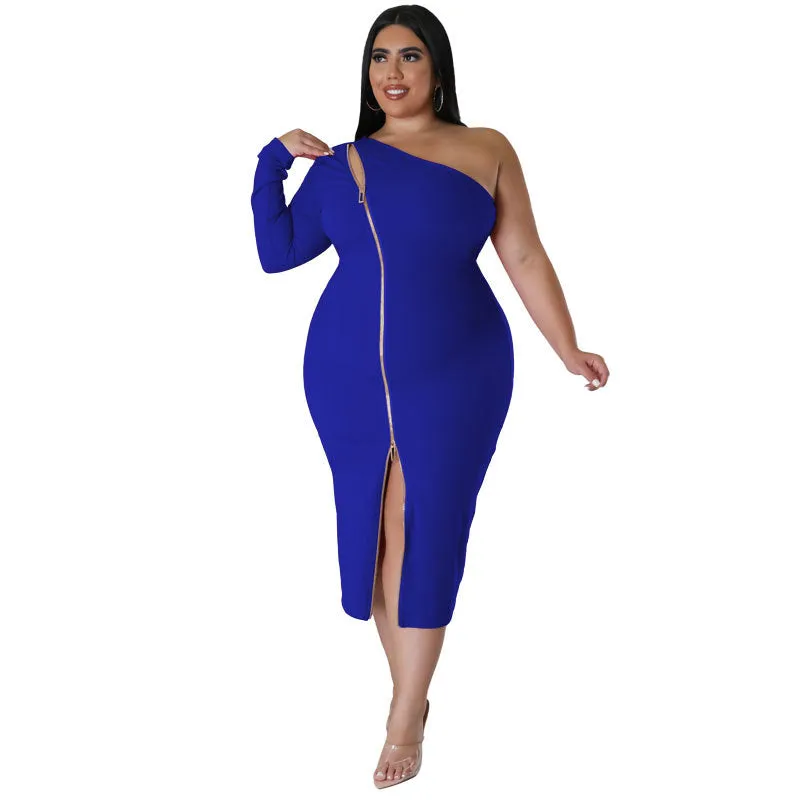 Plus Size One Shoulder Front Slit Zipper Dress