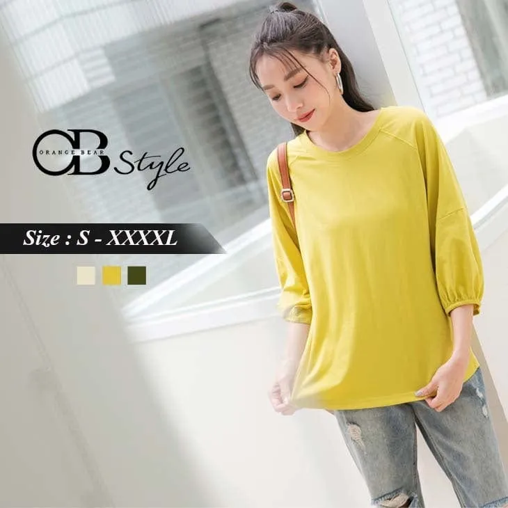 PURE COLOR 3/4 SLEEVE ROUND NECK COTTON TOPS