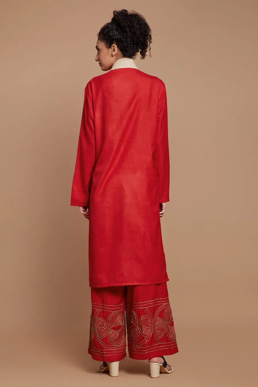 Red Jute Embroidered Wide Legged Pants