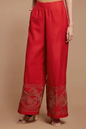 Red Jute Embroidered Wide Legged Pants