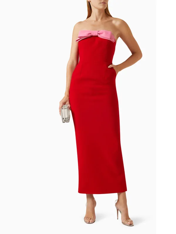 Red Midi Dress with Pink Bow Accent