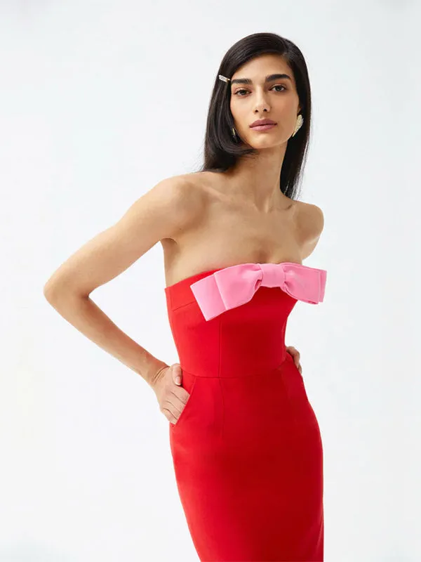 Red Midi Dress with Pink Bow Accent