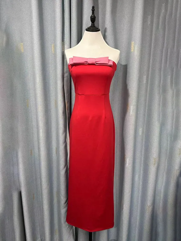 Red Midi Dress with Pink Bow Accent