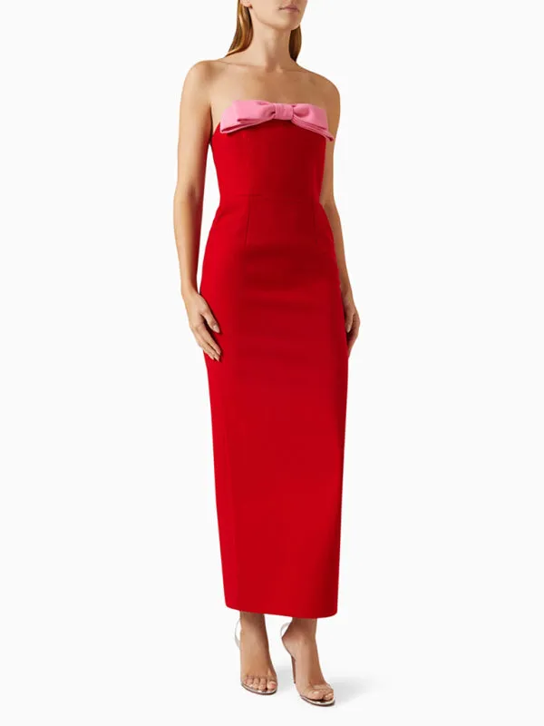 Red Midi Dress with Pink Bow Accent