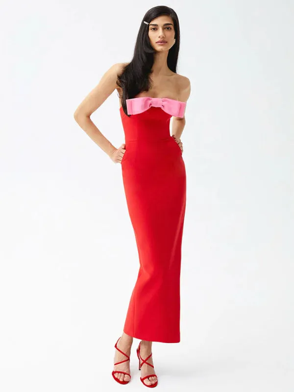 Red Midi Dress with Pink Bow Accent