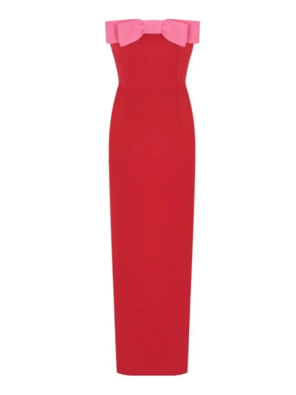 Red Midi Dress with Pink Bow Accent