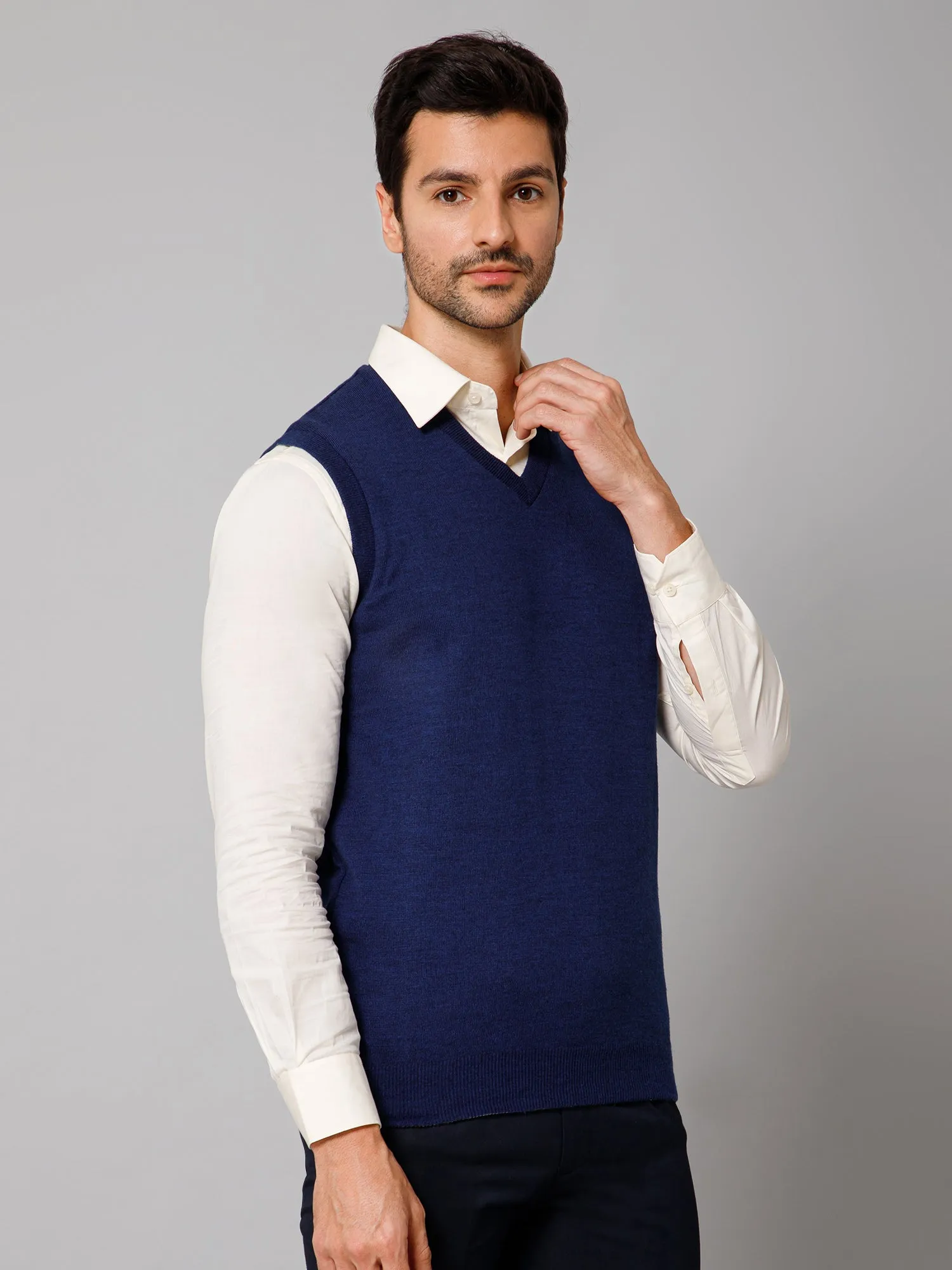 Solid Blue Sleeveless V Neck Reversible Regular Fit Casual Sweater for Men