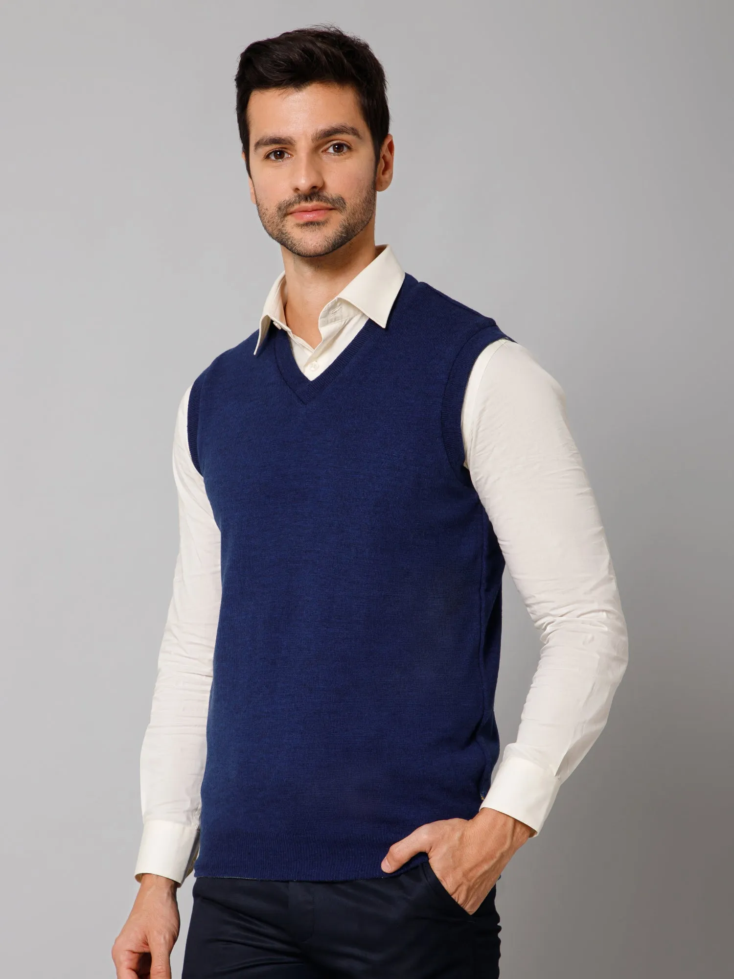 Solid Blue Sleeveless V Neck Reversible Regular Fit Casual Sweater for Men