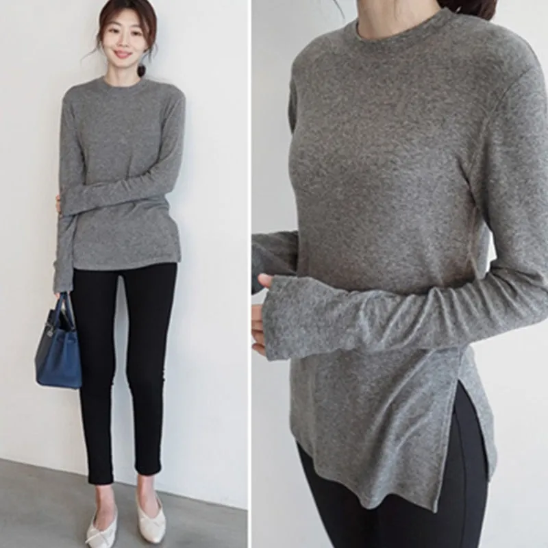 Spring Top Sexy T Shirt Elastic Korean Style Split Skinny Long Sleeve