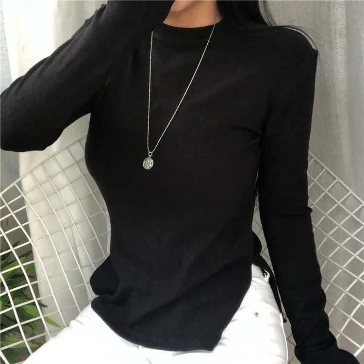 Spring Top Sexy T Shirt Elastic Korean Style Split Skinny Long Sleeve