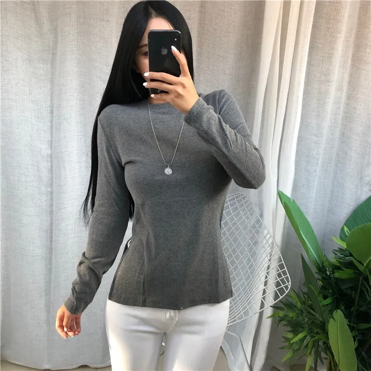 Spring Top Sexy T Shirt Elastic Korean Style Split Skinny Long Sleeve