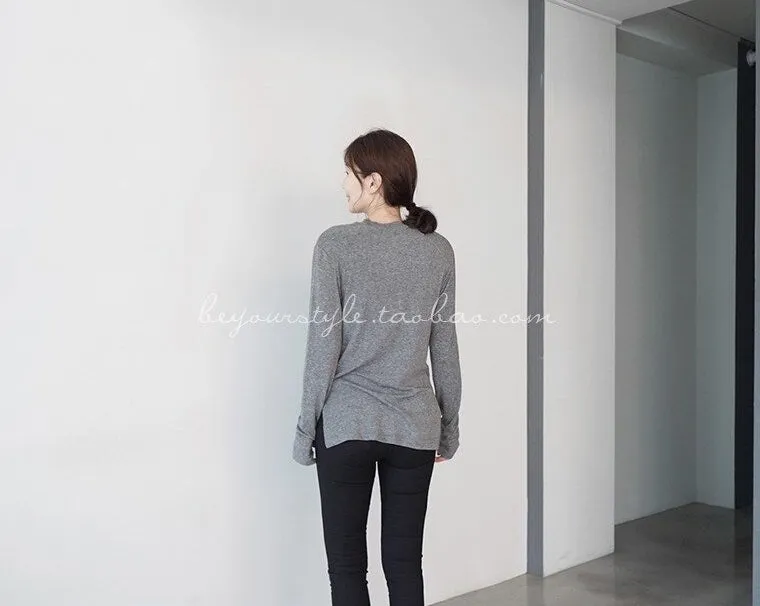 Spring Top Sexy T Shirt Elastic Korean Style Split Skinny Long Sleeve