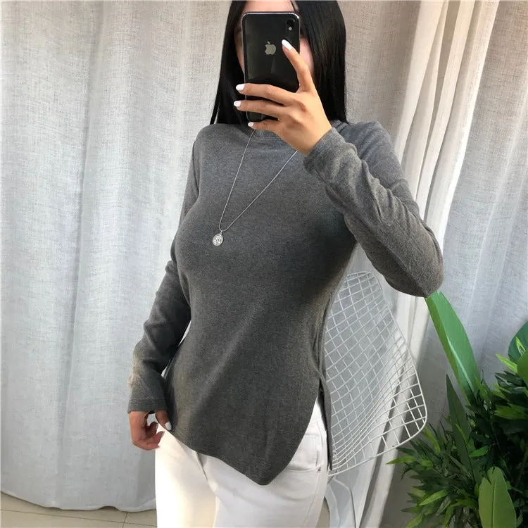 Spring Top Sexy T Shirt Elastic Korean Style Split Skinny Long Sleeve