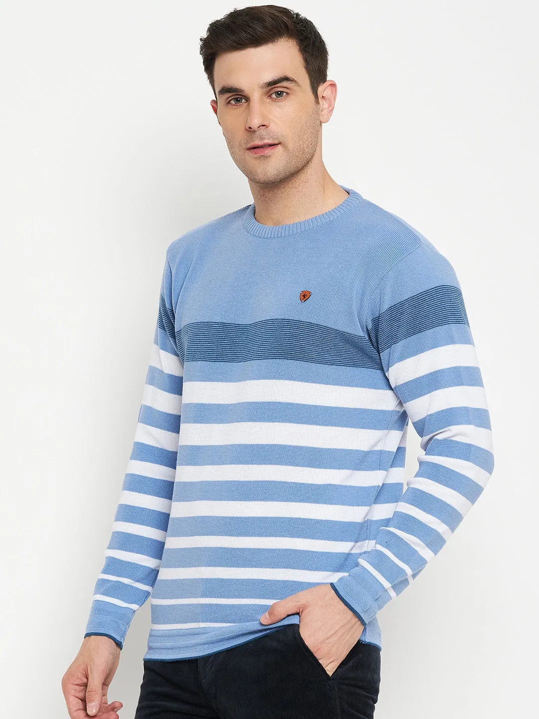 Stripe Blue Full Sleeves Round Neck Regular Fit Casual Sweater for Men