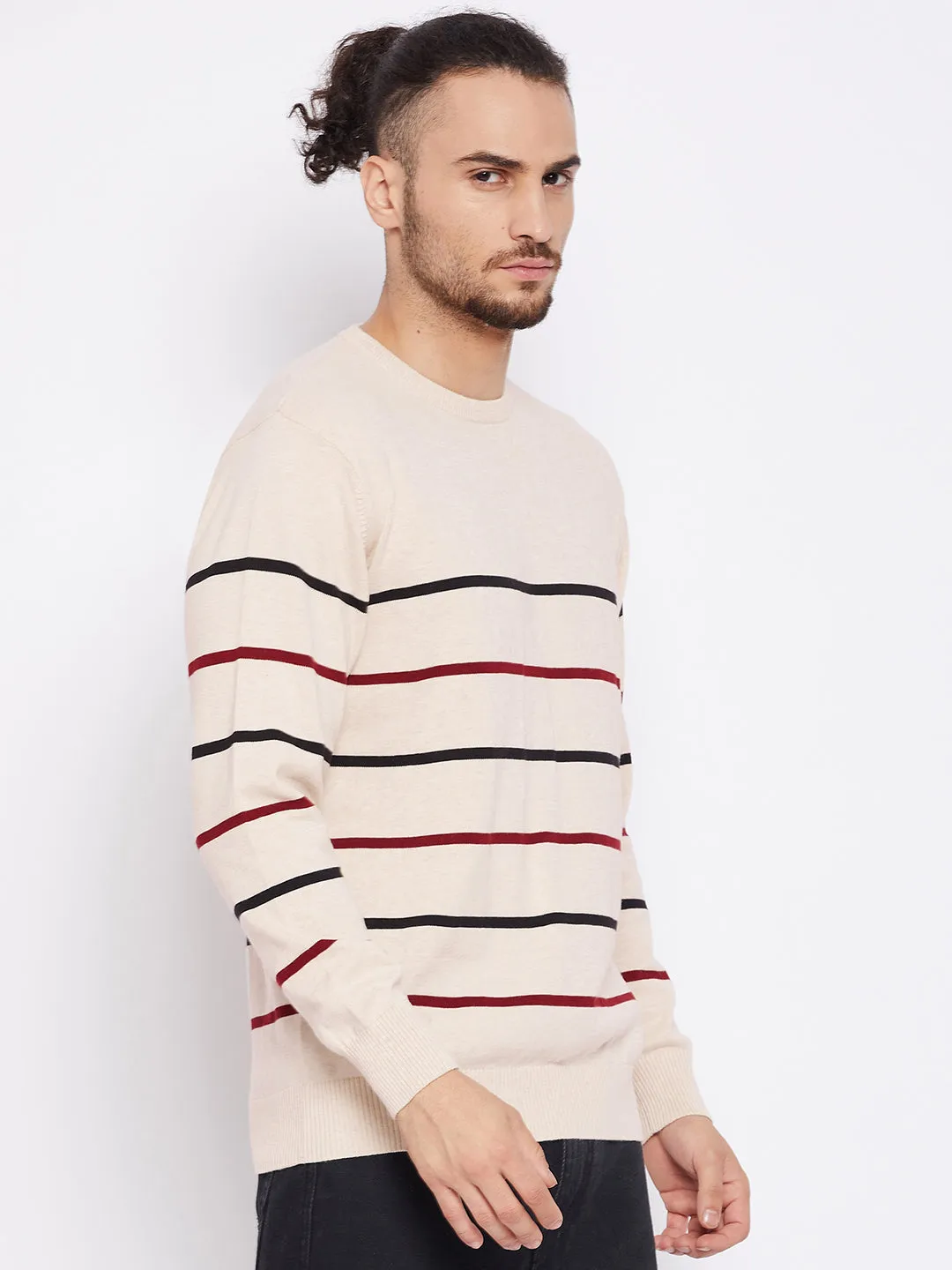 Striped Beige Full Sleeves Round Neck Regular Fit Casual Sweater for Men