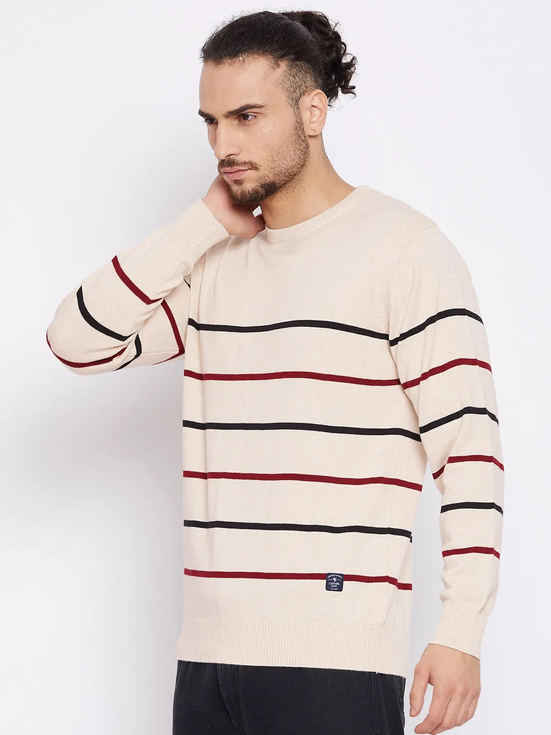 Striped Beige Full Sleeves Round Neck Regular Fit Casual Sweater for Men