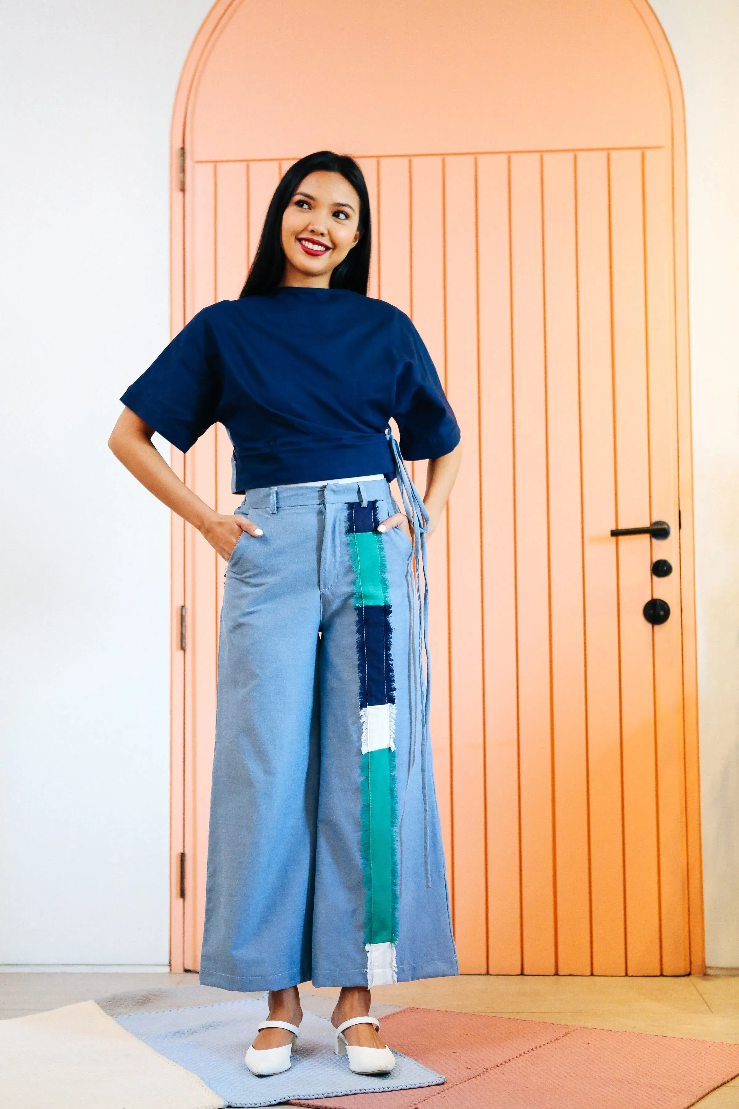 Striped Wide-Legged Pants Chambray