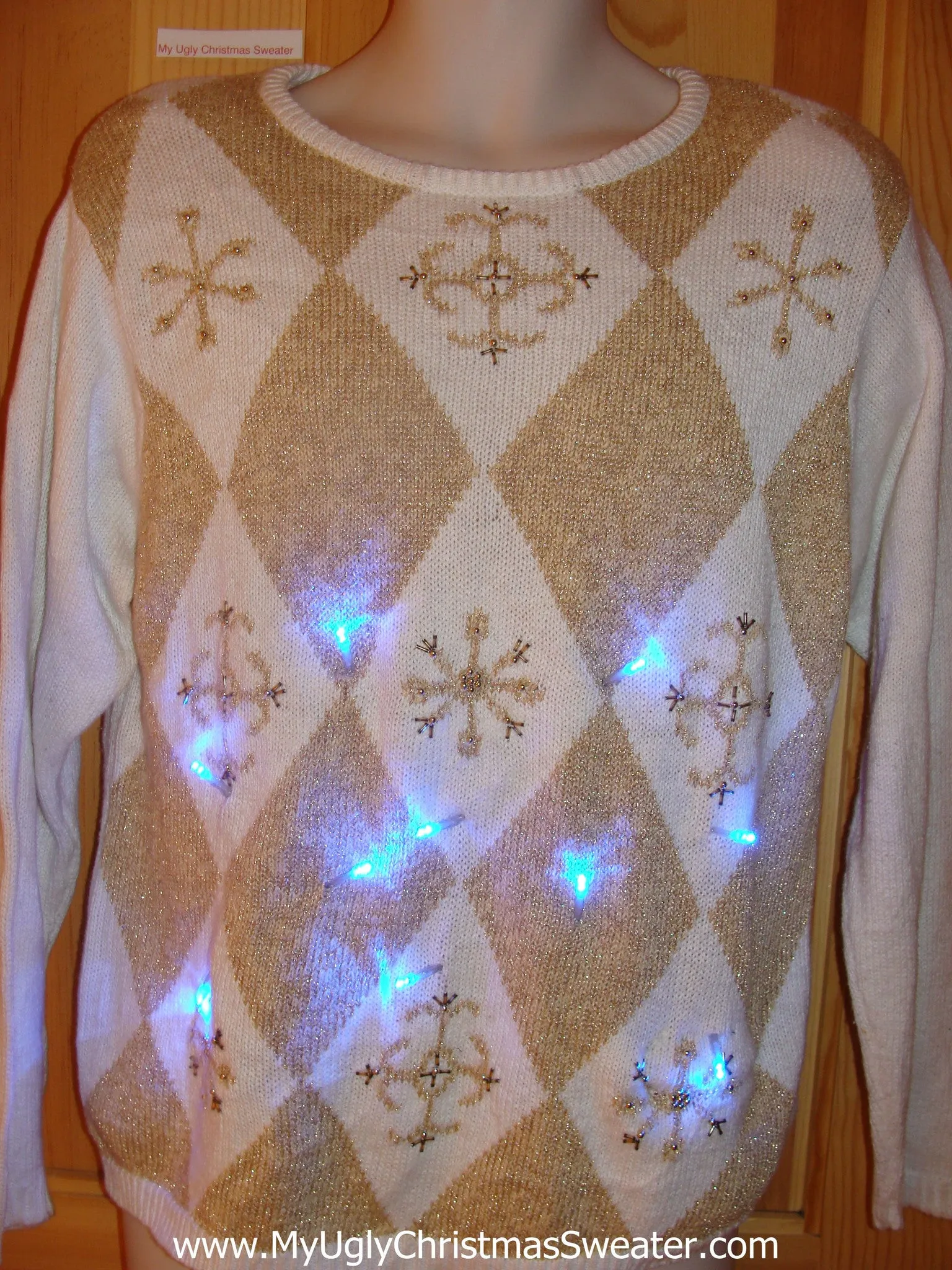 Tacky Light Up Christmas Sweater 80s Golden Diamonds and Snowflakes