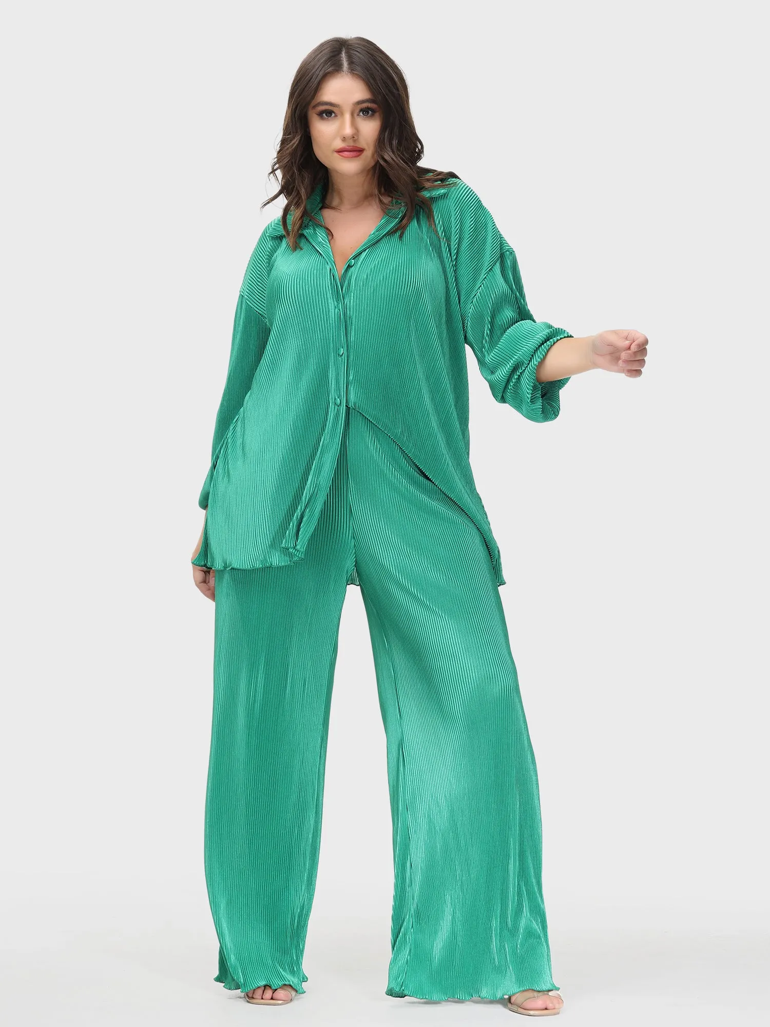 Thin Pleated Wide-Legged Pants Suit Set