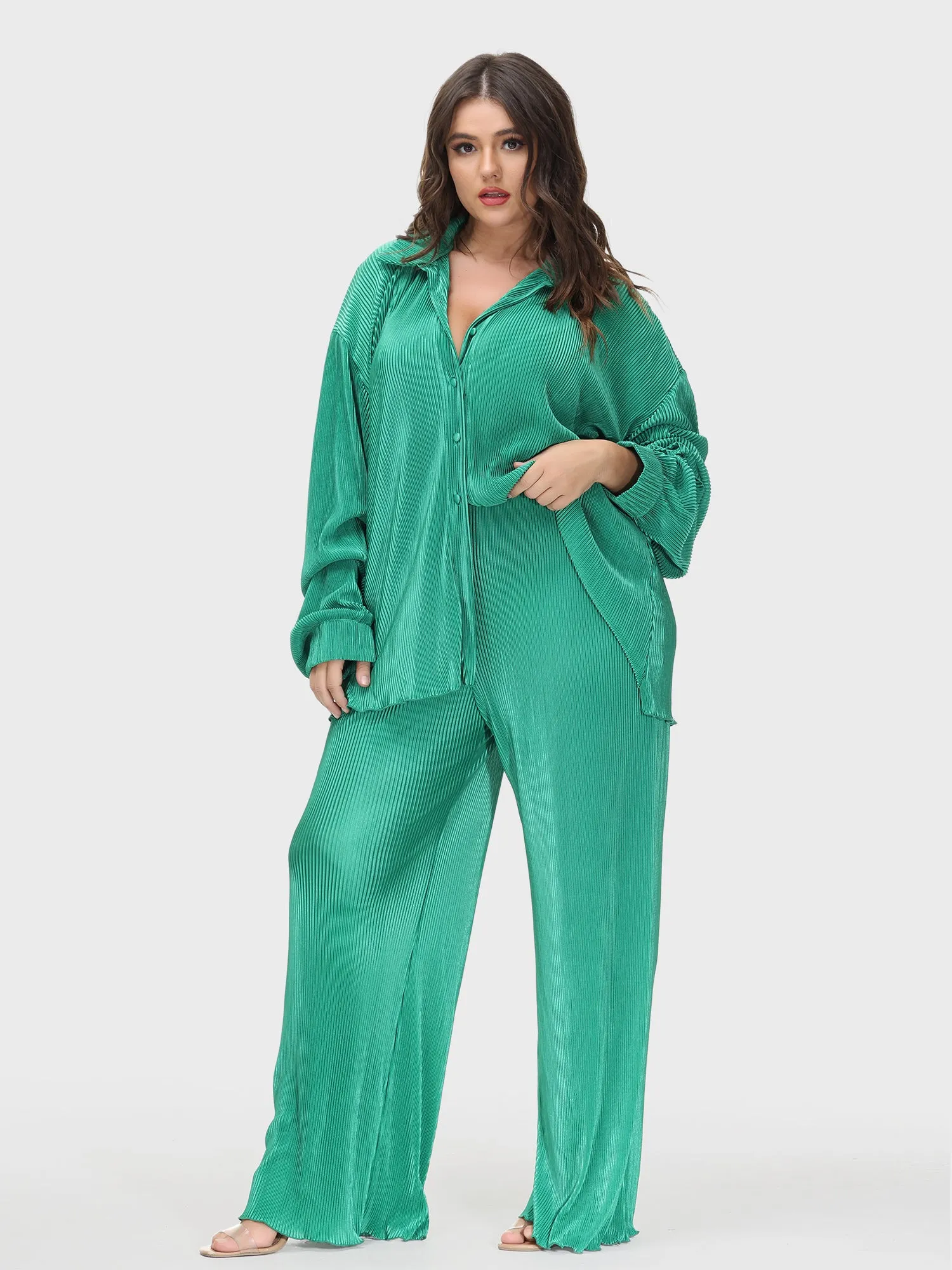 Thin Pleated Wide-Legged Pants Suit Set