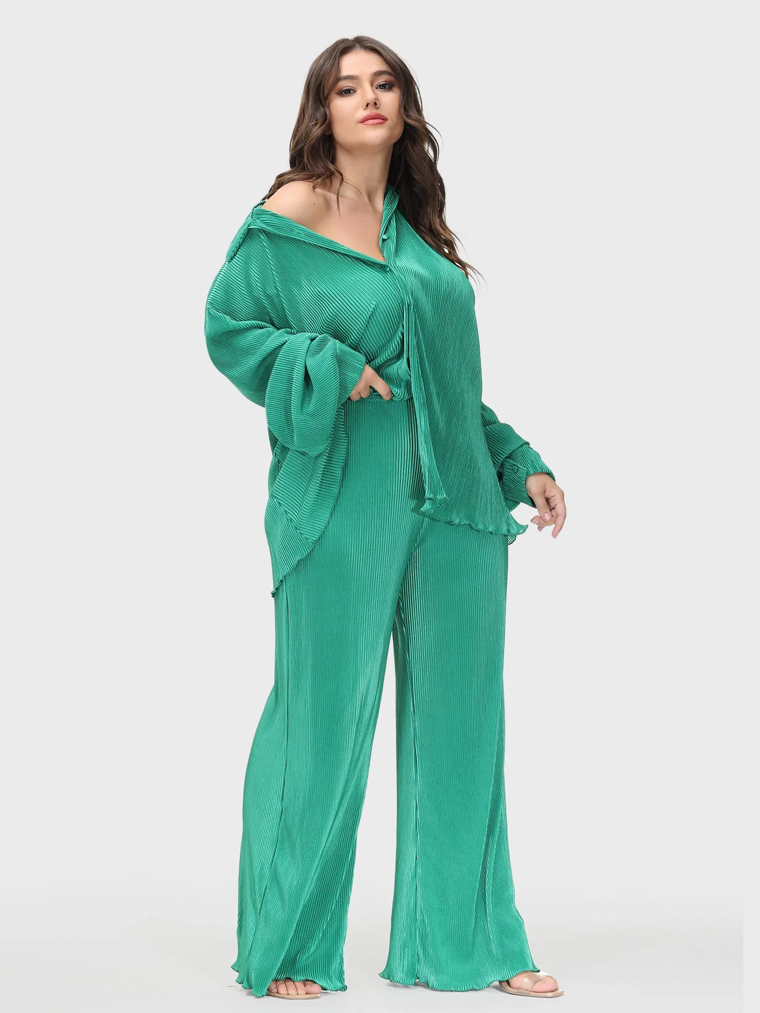 Thin Pleated Wide-Legged Pants Suit Set