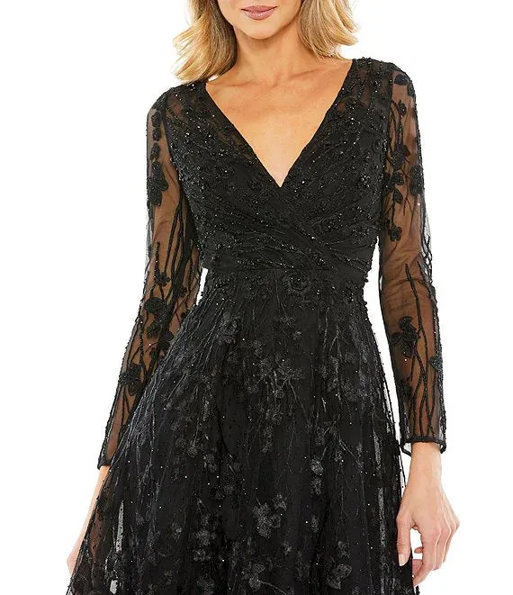 V-Neck Embellished Floral Mesh Midi Dress Long Sleeves A-Line Cocktail Dresses