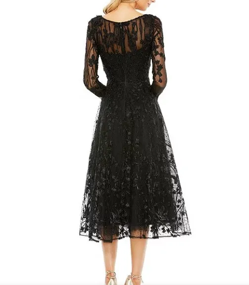 V-Neck Embellished Floral Mesh Midi Dress Long Sleeves A-Line Cocktail Dresses