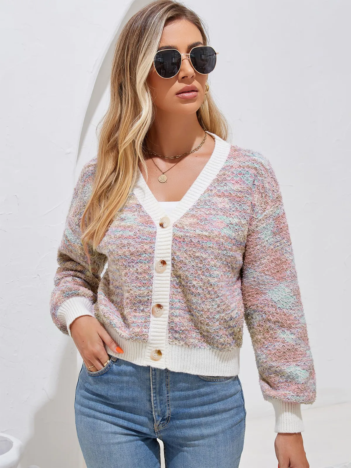 V-Neck Knit Long Sleeve Cardigan