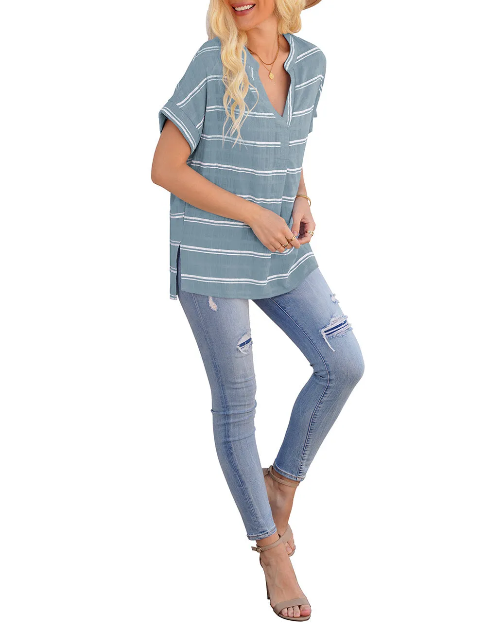 Vetinee Women's Striped V Neck Casual Tops Cuffed Batwing Sleeve Shirt Side Slit Blouse