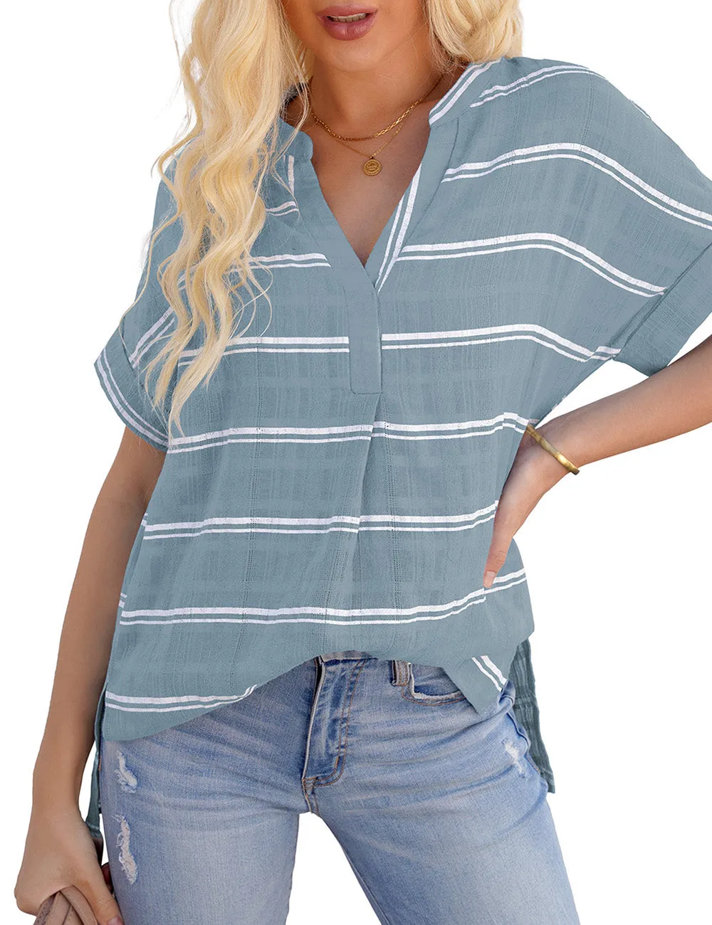 Vetinee Women's Striped V Neck Casual Tops Cuffed Batwing Sleeve Shirt Side Slit Blouse