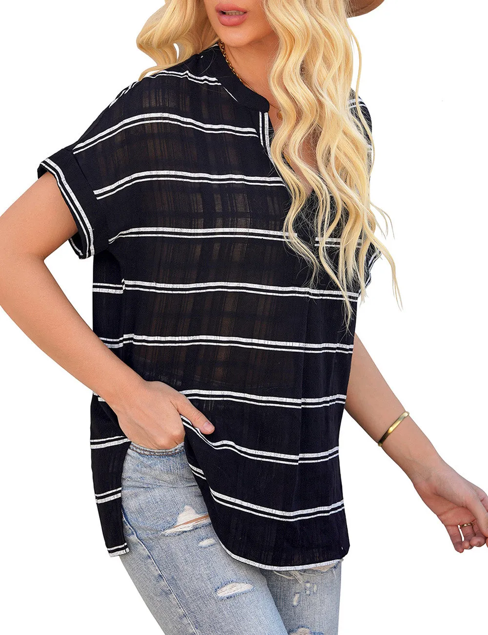 Vetinee Women's Striped V Neck Casual Tops Cuffed Batwing Sleeve Shirt Side Slit Blouse