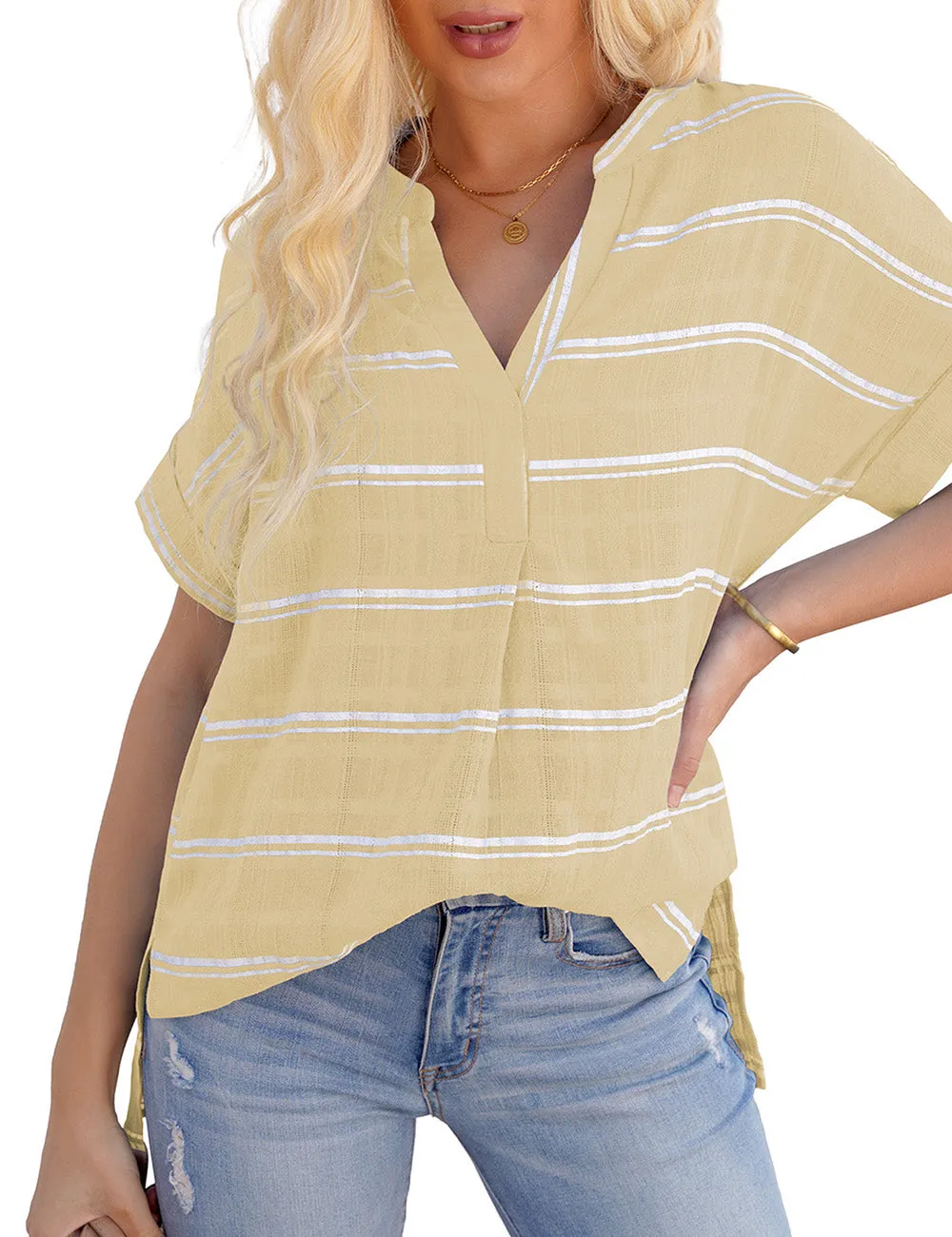 Vetinee Women's Striped V Neck Casual Tops Cuffed Batwing Sleeve Shirt Side Slit Blouse