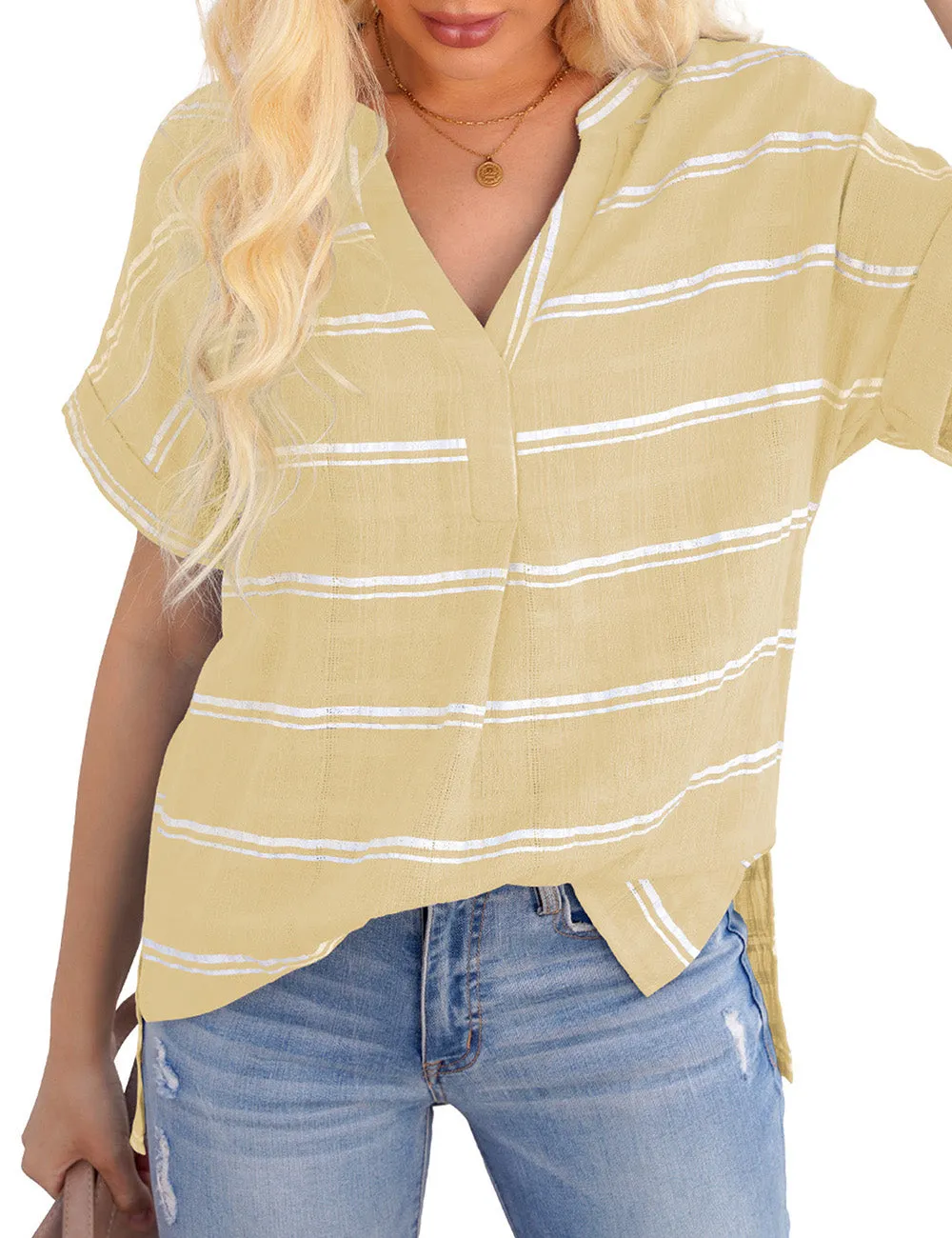 Vetinee Women's Striped V Neck Casual Tops Cuffed Batwing Sleeve Shirt Side Slit Blouse